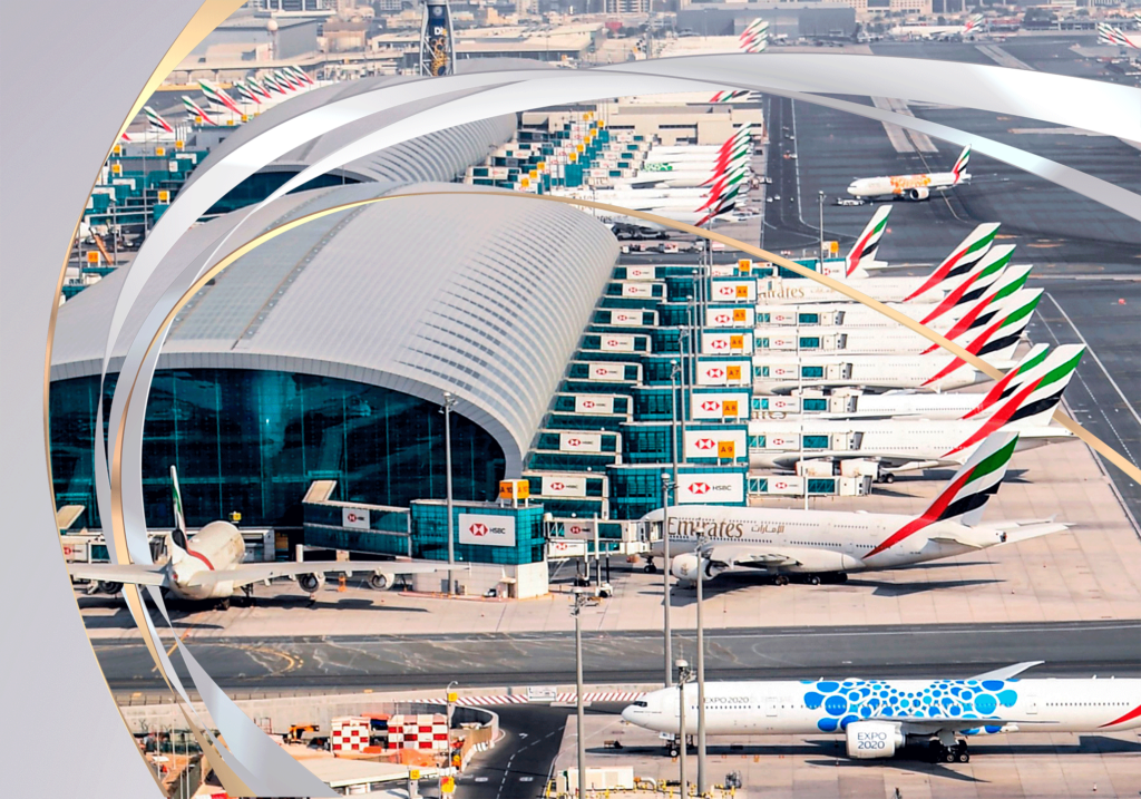 Aerial view of Emirates aircraft parked on the tarmac at Dubai International Airport on 8 July 2020 Image source: AFP via Getty Images
