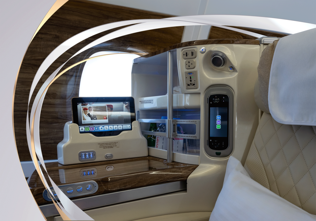 Interior of business class on an Emirates Airbus A380-800, the world’s largest aircraft Image source: Chalabala via Adobe Stock